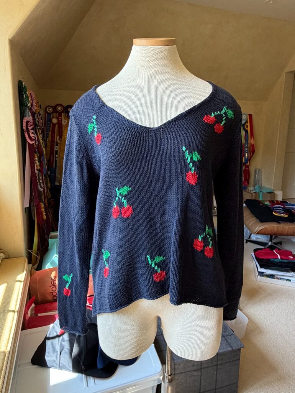 Wooden Ships Navy Cherry Knit Sweater